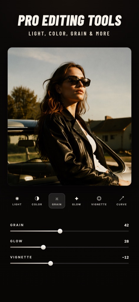 Pro editing tools: light, color, grain and glow