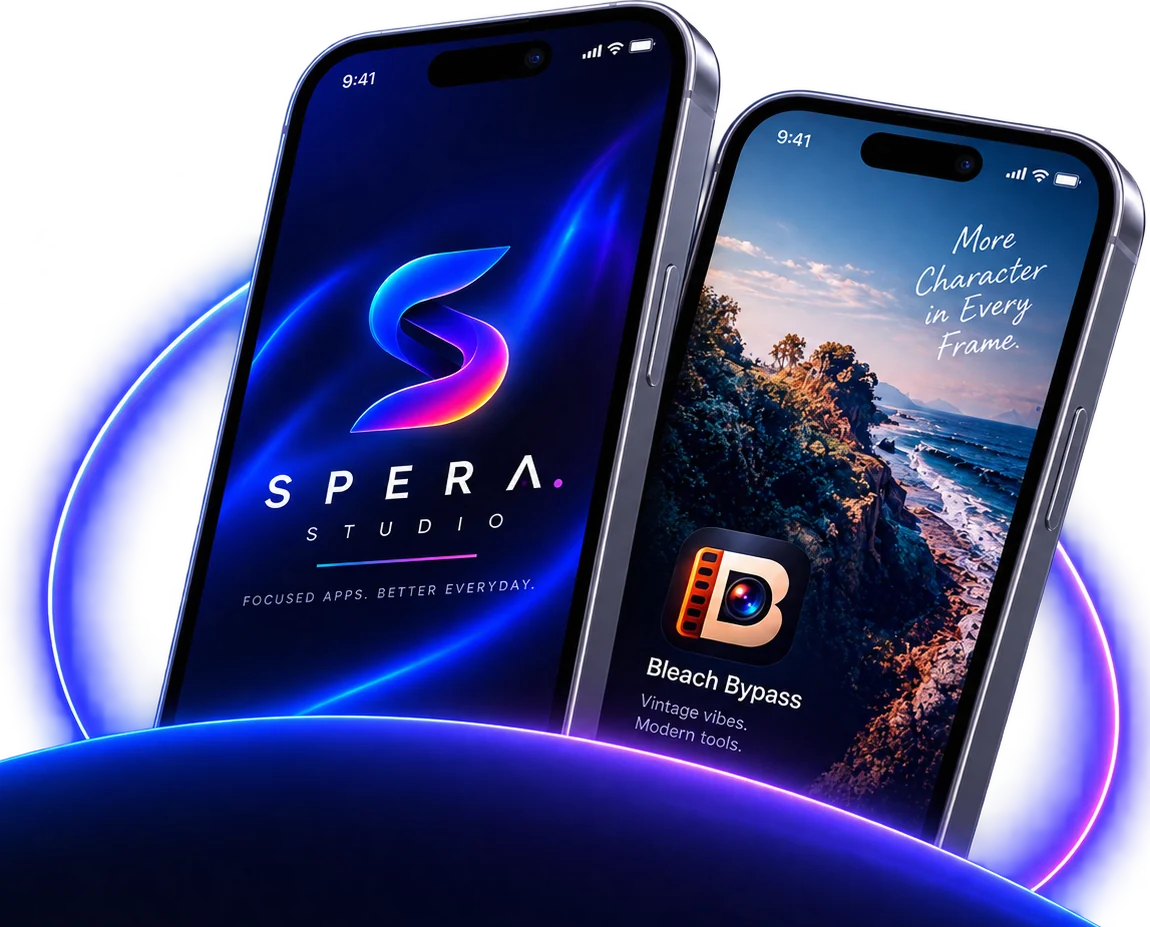 Two iPhones rising from behind a glowing planet horizon: one showing the Spera Studio brand screen, the other Bleach Bypass with a coastal photo